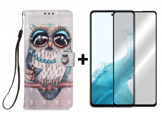 SKLO + PUZDRO 2v1 pre Samsung Galaxy A54 5G - Knižkové OWL sivé (Puzdro a sklo pre Samsung Galaxy A54 5G)