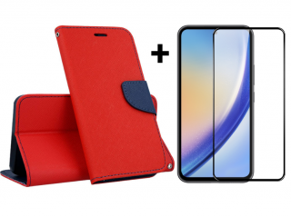 SKLO + PUZDRO 2v1 pre Samsung Galaxy A55 5G - Knižkové puzdro FANCY červeno modré (Peňaženkové puzdro a sklo pre Samsung Galaxy A55 5G)