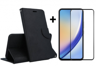 SKLO + PUZDRO 2v1 pre Samsung Galaxy A55 5G - Knižkové puzdro FANCY čierne (Peňaženkové puzdro a sklo pre Samsung Galaxy A55 5G)