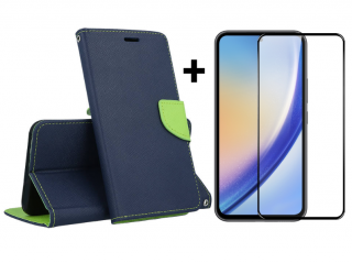 SKLO + PUZDRO 2v1 pre Samsung Galaxy A55 5G - Knižkové puzdro FANCY modro zelené (Peňaženkové puzdro a sklo pre Samsung Galaxy A55 5G)