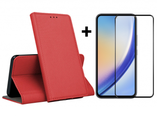 SKLO + PUZDRO 2v1 pre Samsung Galaxy A55 5G - Knižkové puzdro MAGNET červené (Peňaženkové puzdro a sklo pre Samsung Galaxy A55 5G)