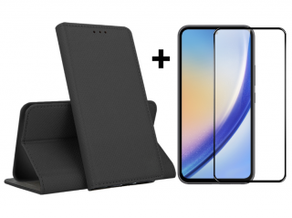 SKLO + PUZDRO 2v1 pre Samsung Galaxy A55 5G - Knižkové puzdro MAGNET čierne (Peňaženkové puzdro a sklo pre Samsung Galaxy A55 5G)
