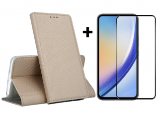 SKLO + PUZDRO 2v1 pre Samsung Galaxy A55 5G - Knižkové puzdro MAGNET zlaté (Peňaženkové puzdro a sklo pre Samsung Galaxy A55 5G)