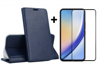 SKLO + PUZDRO 2v1 pre Samsung Galaxy A55 5G - Knižkové puzdro MAGNETIC modré (Peňaženkové puzdro a sklo pre Samsung Galaxy A55 5G)