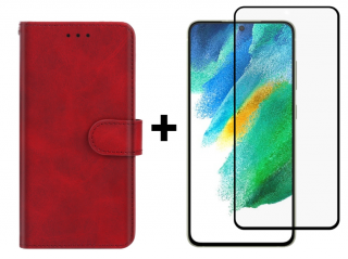 SKLO + PUZDRO 2v1 pre Samsung Galaxy S21 FE 5G - Knižkové SOLID červené (Puzdro a sklo pre Samsung Galaxy S21 FE 5G)