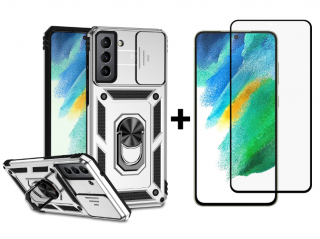 SKLO + PUZDRO 2v1 pre Samsung Galaxy S21 FE 5G - Tvrdený ARMOR SLIDE silver (Puzdro a sklo pre Samsung Galaxy S21 FE 5G)