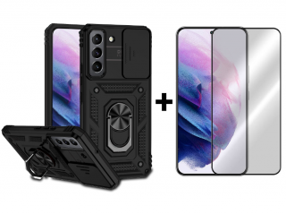 SKLO + PUZDRO 2v1 pre Samsung Galaxy S22 - Tvrdené RING ARMOR SLIDE čierne (Puzdro a sklo pre Samsung Galaxy S22)