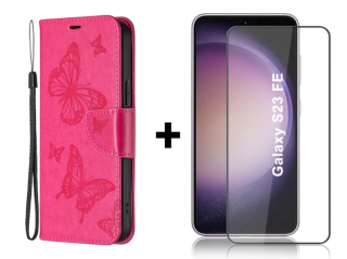 SKLO + PUZDRO 2v1 pre Samsung Galaxy S23 FE - Knižkové puzdro BUTTERFLY ružové (Peňaženkové puzdro a sklo pre Samsung Galaxy S23 FE)