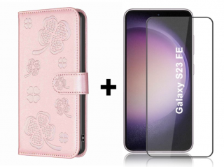 SKLO + PUZDRO 2v1 pre Samsung Galaxy S23 FE - Knižkové puzdro LEAF ružové (Peňaženkové puzdro a sklo pre Samsung Galaxy S23 FE)