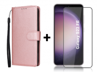 SKLO + PUZDRO 2v1 pre Samsung Galaxy S23 FE - Knižkové puzdro SOLID ružové (Peňaženkové puzdro a sklo pre Samsung Galaxy S23 FE)