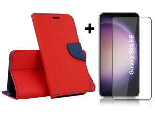 SKLO + PUZDRO 2v1 pre Samsung Galaxy S23 FE - Knižkové SMART FANCY červeno modré (Peňaženkové puzdro a sklo pre Samsung Galaxy S23 FE)