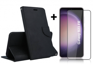 SKLO + PUZDRO 2v1 pre Samsung Galaxy S23 FE - Knižkové SMART FANCY čierne (Peňaženkové puzdro a sklo pre Samsung Galaxy S23 FE)