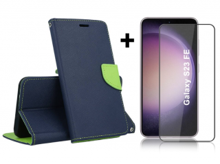 SKLO + PUZDRO 2v1 pre Samsung Galaxy S23 FE - Knižkové SMART FANCY modro zelené (Peňaženkové puzdro a sklo pre Samsung Galaxy S23 FE)