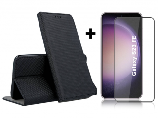 SKLO + PUZDRO 2v1 pre Samsung Galaxy S23 FE - Knižkové SMART MAGNET čierne (Peňaženkové puzdro a sklo pre Samsung Galaxy S23 FE)