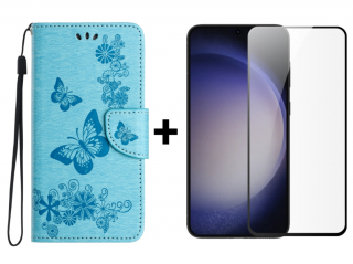 SKLO + PUZDRO 2v1 pre Samsung Galaxy S24 5G - Knižkové puzdro BUTTERFLY modré (Puzdro a sklo pre Samsung Galaxy S24 5G)