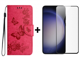 SKLO + PUZDRO 2v1 pre Samsung Galaxy S24 5G - Knižkové puzdro BUTTERFLY ružové (Puzdro a sklo pre Samsung Galaxy S24 5G)