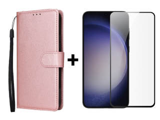SKLO + PUZDRO 2v1 pre Samsung Galaxy S24 5G - Knižkové puzdro SOLID ružové (Puzdro a sklo pre Samsung Galaxy S24 5G)