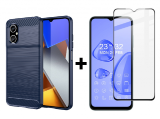 SKLO + PUZDRO 2v1 pre Xiaomi Poco M4 5G - Silikónové CARBON modré (Puzdro a sklo pre Xiaomi Poco M4 5G)