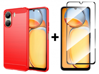 SKLO + PUZDRO 2v1 pre Xiaomi Redmi 13C - CARBON červený (Ochranný obal a sklo pre Xiaomi Redmi 13C)