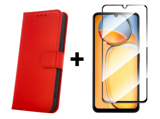 SKLO + PUZDRO 2v1 pre Xiaomi Redmi 13C - Knižkové puzdro CLASSIC červené (Peňaženkové puzdro a sklo pre Xiaomi Redmi 13C)