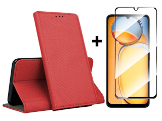 SKLO + PUZDRO 2v1 pre Xiaomi Redmi 13C - Knižkové puzdro MAGNET červené (Puzdro a sklo pre Xiaomi Redmi 13C)