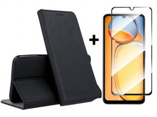 SKLO + PUZDRO 2v1 pre Xiaomi Redmi 13C - Knižkové puzdro MAGNET čierne (Puzdro a sklo pre Xiaomi Redmi 13C)