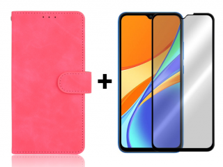 SKLO + PUZDRO 2v1 pre Xiaomi Redmi 9C - Knižkové SOLID ružové (Puzdro a sklo pre Xiaomi Redmi 9C)