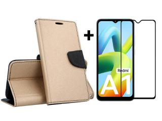 SKLO + PUZDRO 2v1 pre Xiaomi Redmi A1 / Redmi A2 - Knižkové FANCY zlato čierne