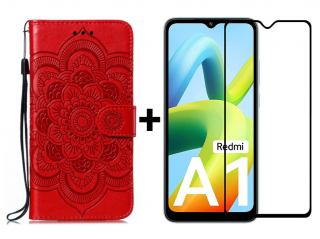SKLO + PUZDRO 2v1 pre Xiaomi Redmi A1 / Redmi A2 - Knižkové MANDALA červené (Puzdro a sklo pre Xiaomi Redmi A1 / Redmi A2)