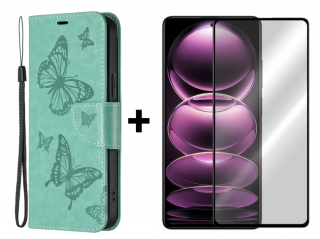 SKLO + PUZDRO 2v1 pre Xiaomi Redmi Note 12 Pro 5G - Knižkové BUTTERFLY zelené (Puzdro a sklo pre Xiaomi Redmi Note 12 Pro 5G)