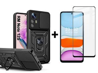 SKLO + PUZDRO 2v1 pre Xiaomi Redmi Note 12S - Tvrdené Ring Armor Slide čierne