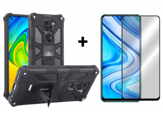 SKLO + PUZDRO 2v1 pre Xiaomi Redmi Note 9 - Tvrdené HOLDER čierne (Puzdro a sklo pre Xiaomi Redmi Note 9)