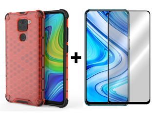 SKLO + PUZDRO 2v1 pre Xiaomi Redmi Note 9 - Tvrdené HONEYCOMB červené (Puzdro a sklo pre Xiaomi Redmi Note 9)