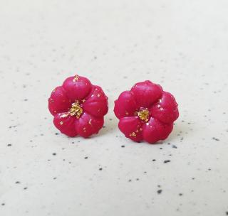 Antialergické napichovacie náušnice bordovo-zlaté kvietky (Handmade zlato-bordové antialergické napichovačky v tvare kvetín)