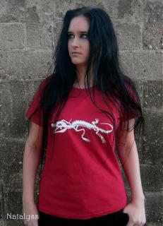 Červené tričko kostra Lakosť - krokodíl (Ručne maľované tričko s kostrou krokodíla)