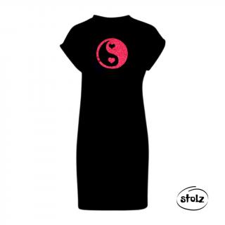 Šaty JIN JANG SRDCE (dámske čierne tričkové šaty s trblietavou ružovou potlačou)