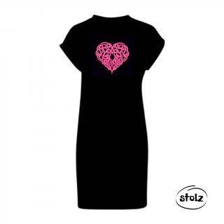 Šaty KELTSKÉ SRDCE (dámske čierne šaty s neónovo ružovou trblietavou potlačou)