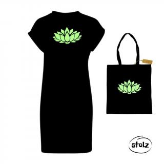 Set LOTOS  (dámske čierne šaty a čierna bavlnená taška s lesklou zelenou potlačou)