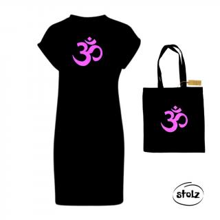 Set ÓM (dámske čierne tričkové šaty a čierna bavlnená taška s ligotavou fialovou potlačou)