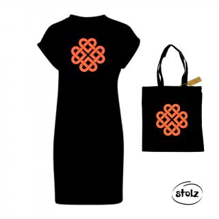 Set UZOL (dámske čierne šaty a čierna taška s oranžovou glittrovou potlačou)