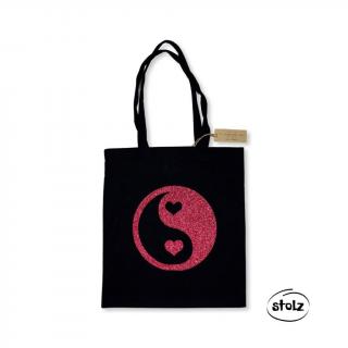 Taška JIN JANG SRDCE (čierna plátená taška s ružovou glitrovou potlačou)