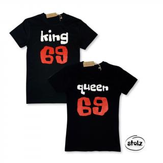 Tričká KING 69 + QUEEN 69 black (set čiernych tričiek pre páry s bielou a červenou potlačou)