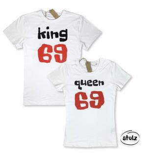 Tričká KING 69 + QUEEN 69 white (set bielych tričiek pre páry s čiernou a červenou potlačou)