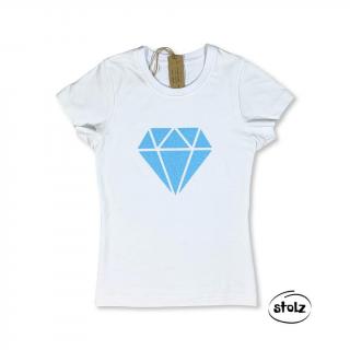 Tričko DIAMANT white (dámske / dievčenské biele tričko s modrou perleťovou potlačou)