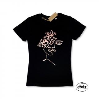 Tričko FLOWER LADY one line (dámske čierne tričko s ružovozlatou potlačou)