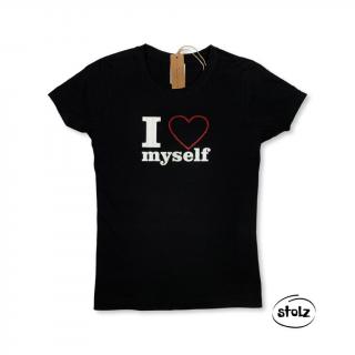 Tričko I LOVE MYSELF (dámske čierne tričko s dvojfarebnou červenou a bielou trblietavou potlačou)