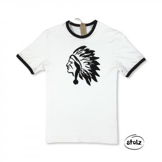 Tričko INDIÁN (biele pánske tričko s čiernym lemovaním a s čiernou semišovou potlačou)
