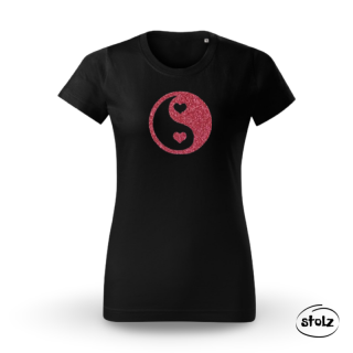 Tričko JIN JANG SRDCE (dámske čierne tričko s ružovou glittrovou potlačou)