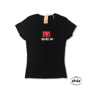Tričko LOVE SEX (dámske čierne tričko s červeno-bielou trblietavou potlačou )