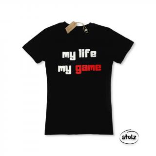 Tričko MY LIFE, MY GAME (pánske / dámske čierne tričko s červeno-bielou potlačou)
